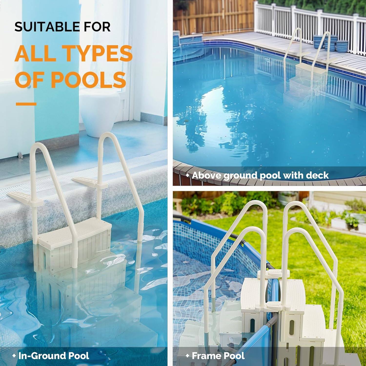 SUITABLE FOR ALL TYPES OF POOLS

- Above ground pool with deck
- In-Ground Pool
- Frame Pool