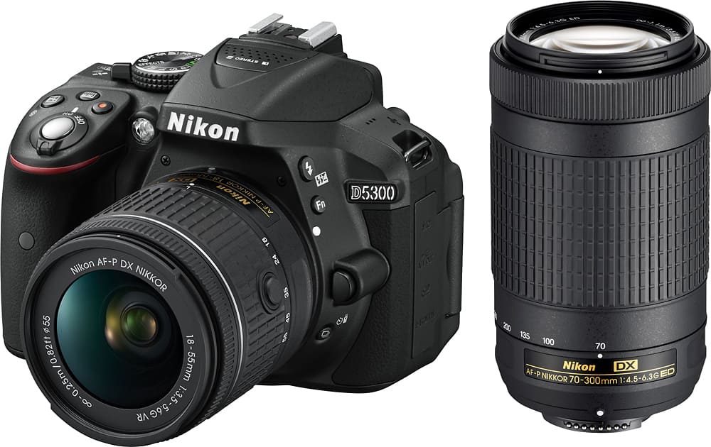 Front. Nikon - D5300 DSLR Camera with AF-P VR DX 18-55mm and AP-P DX 70-300mm Lenses - Black.