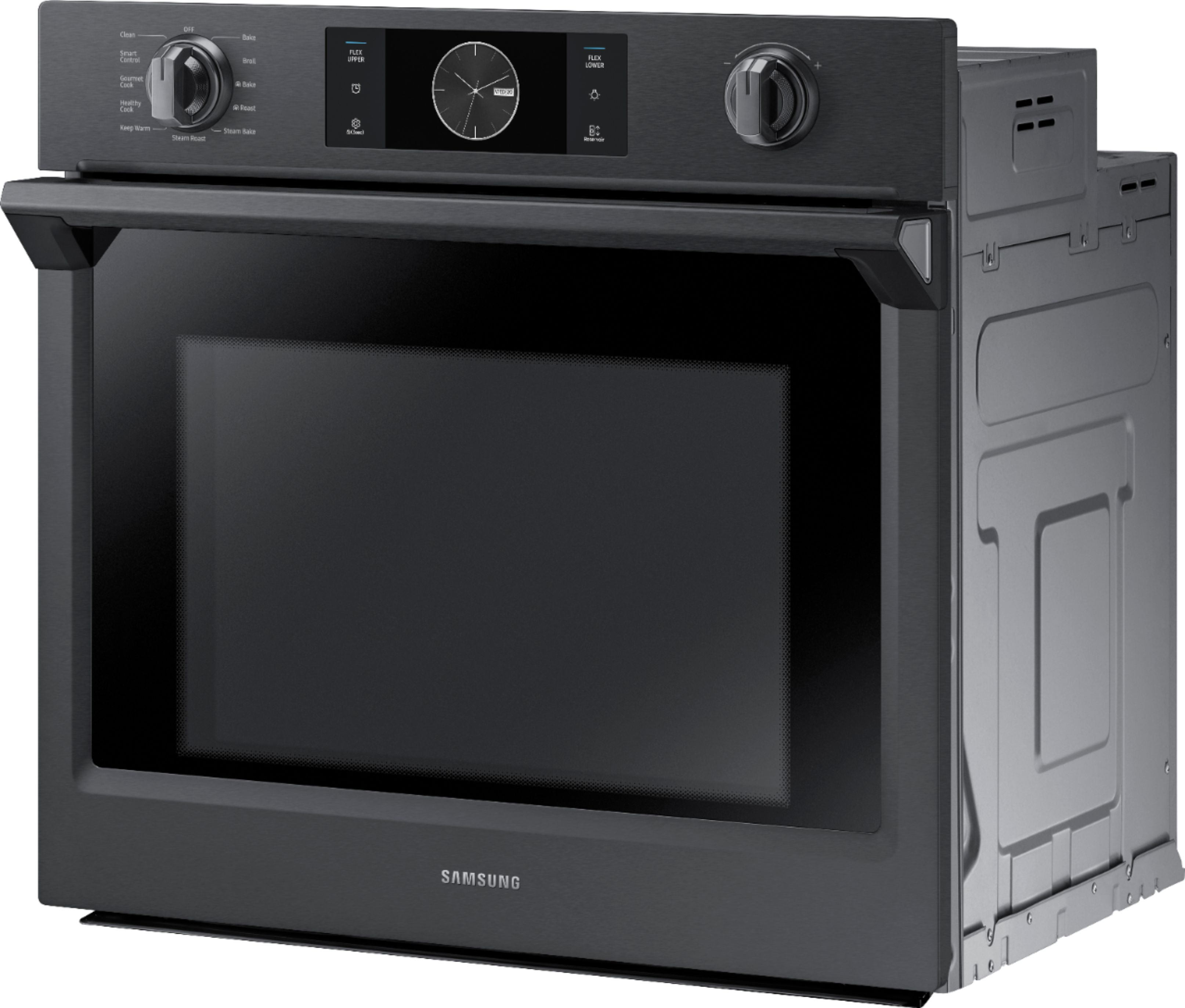 Left View: Samsung - 30" Single Wall Oven with Flex Duo, Steam Cook and WiFi - Black stainless steel
