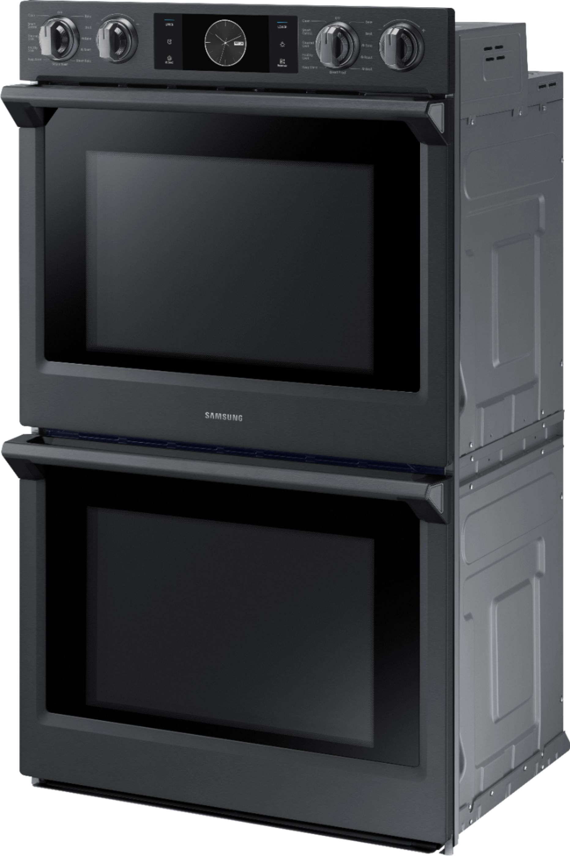 Left View: Samsung - 30" Double Wall Oven with Flex Duo, Steam Cook and WiFi - Black Stainless Steel