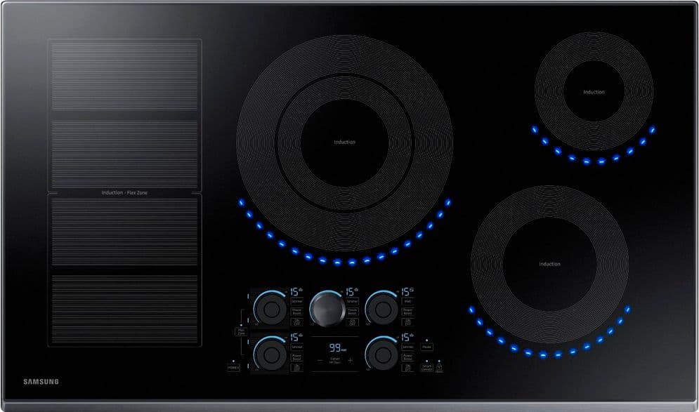 Front. Samsung - 36" Induction Cooktop with WiFi and Virtual Flame™ - Black Stainless Steel.