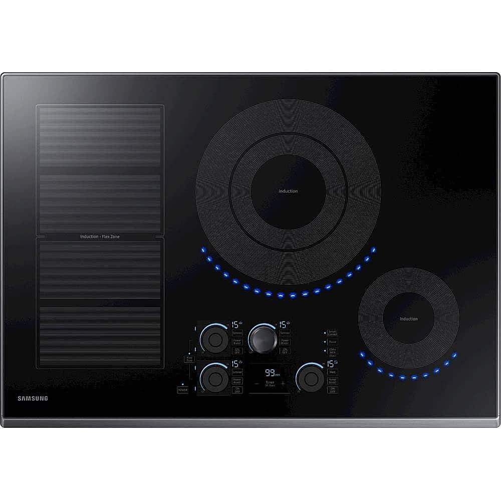 Front. Samsung - 30" Induction Cooktop with WiFi and Virtual Flame - Black Stainless Steel.