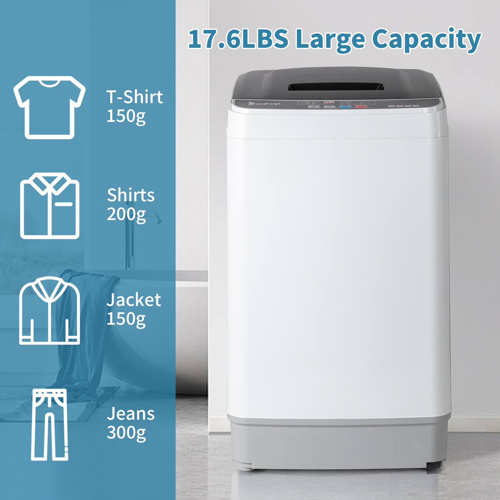 17.6LBS Large Capacity

- T-Shirt 150g
- Shirts 200g
- Jacket 150g
- Jeans 300g