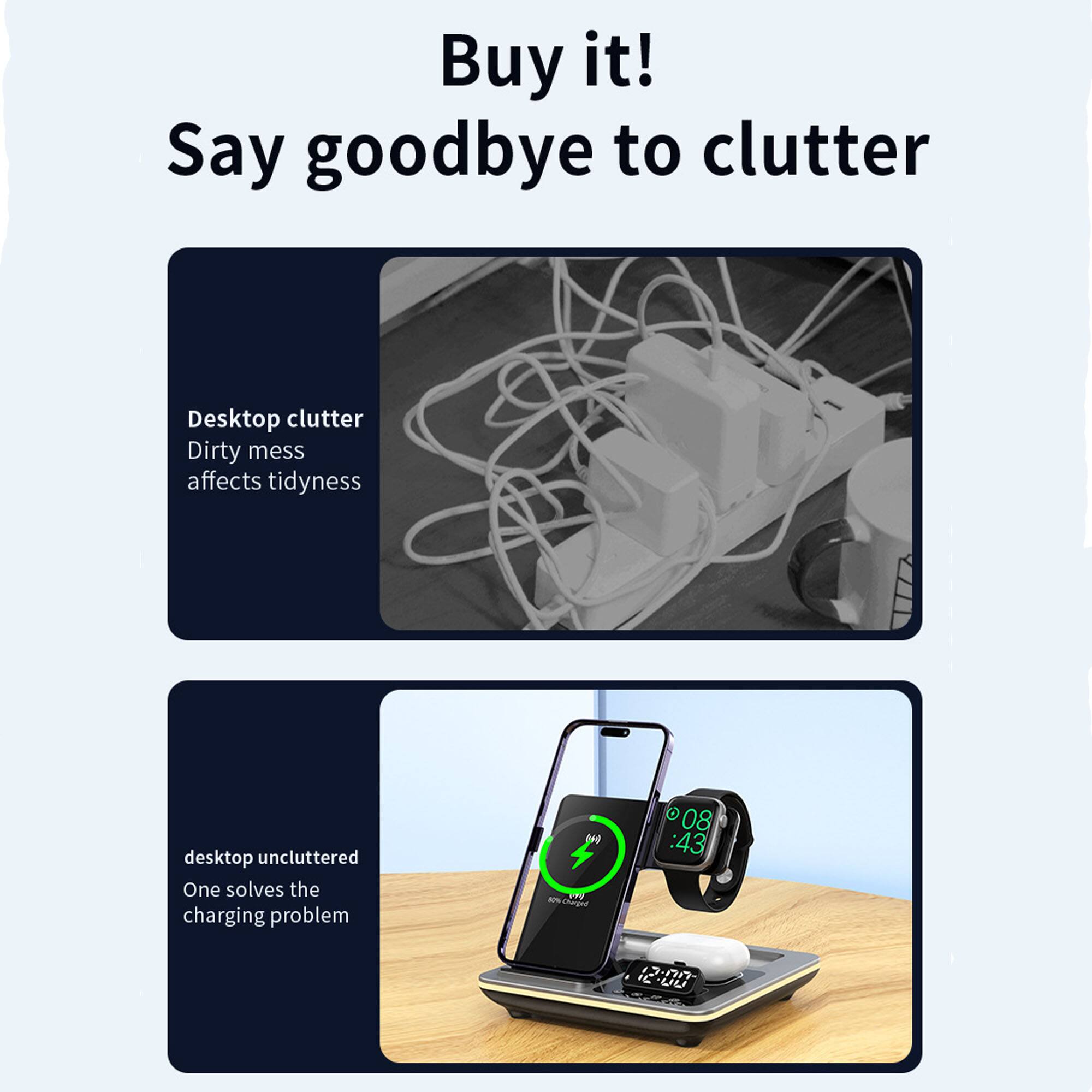 Buy it!  
Say goodbye to clutter  

Desktop clutter  
Dirty mess  
affects tidyness  

desktop uncluttered  
One solves the charging problem