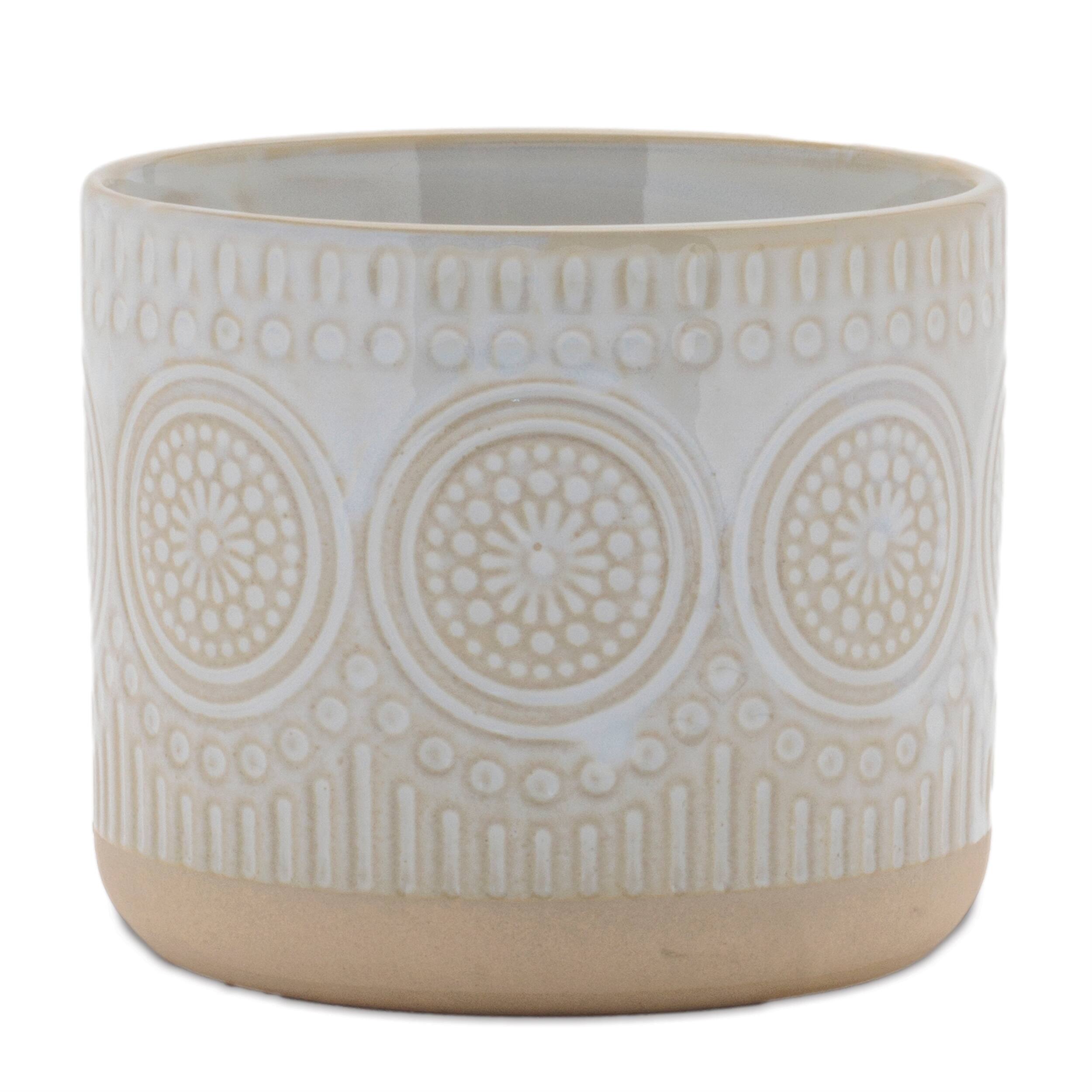 Left. BreeBe - Porcelain Geometric Patterned Planter (Set of 2) - Beige.