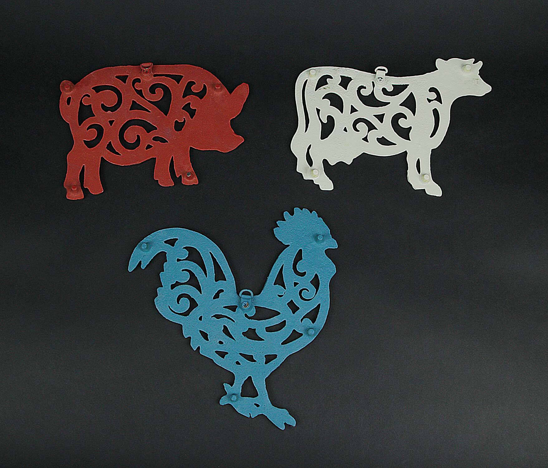 Alt View 6. Zeckos - Set of 3 Cast Iron Farm Animal Kitchen Trivets Wall Art Decor Rooster Cow Pig - Multicolored.