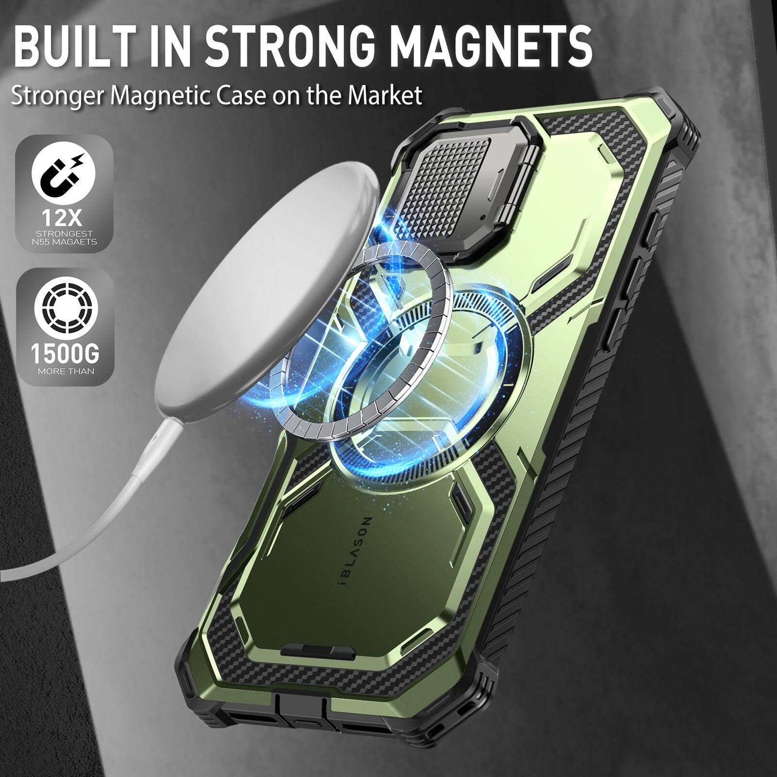 BUILT IN STRONG MAGNETS  
Stronger Magnetic Case on the Market  

12X STRONGEST N55 MAGNETS  
1500G MORE THAN iBLASON
