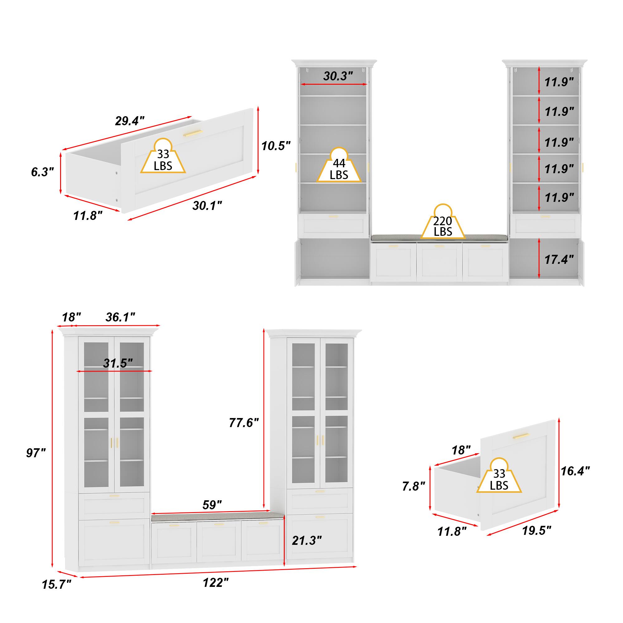 1. 30.3"
2. 11.9"
3. 29.4"
4. 11.9"
5. 6.3"
6. 33 LBS
7. 10.5"
8. 44 LBS
9. 11.9"
10. 11.9"
11. 11.8"
12. 30.1"
13. 220 LBS
14. 11.9"
15. 17.4"
16. 18"
17. 36.1"
18. 31.5"
19. 77.6"
20. 97"
21. 59"
22. 7.8"
23. 18"
24. 33 LBS
25. 16.4"
26. 21.3"
27. 11.8"
28. 19.5"
29. 15.7"
30. 122"