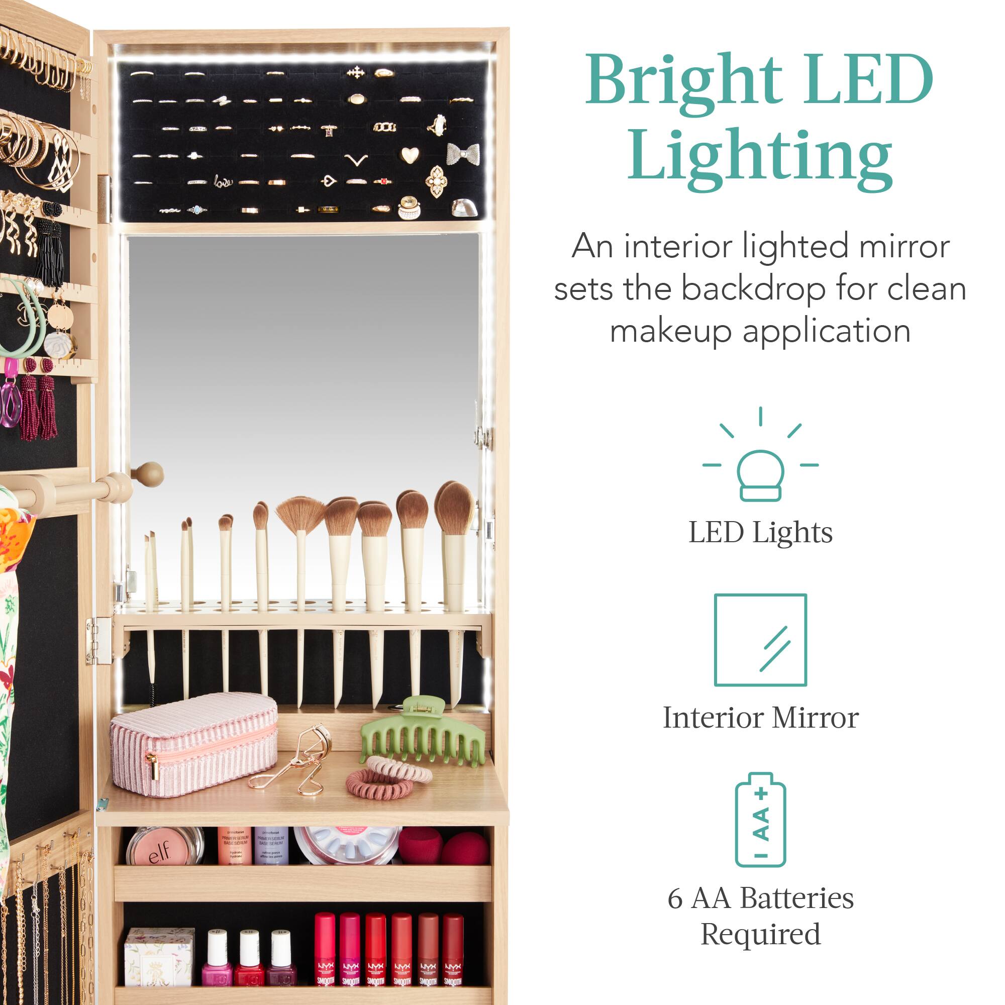 Bright LED Lighting: An interior lighted mirror sets the backdrop for clean makeup application. LED Lights, Interior Mirror, 6 AA Batteries Required.