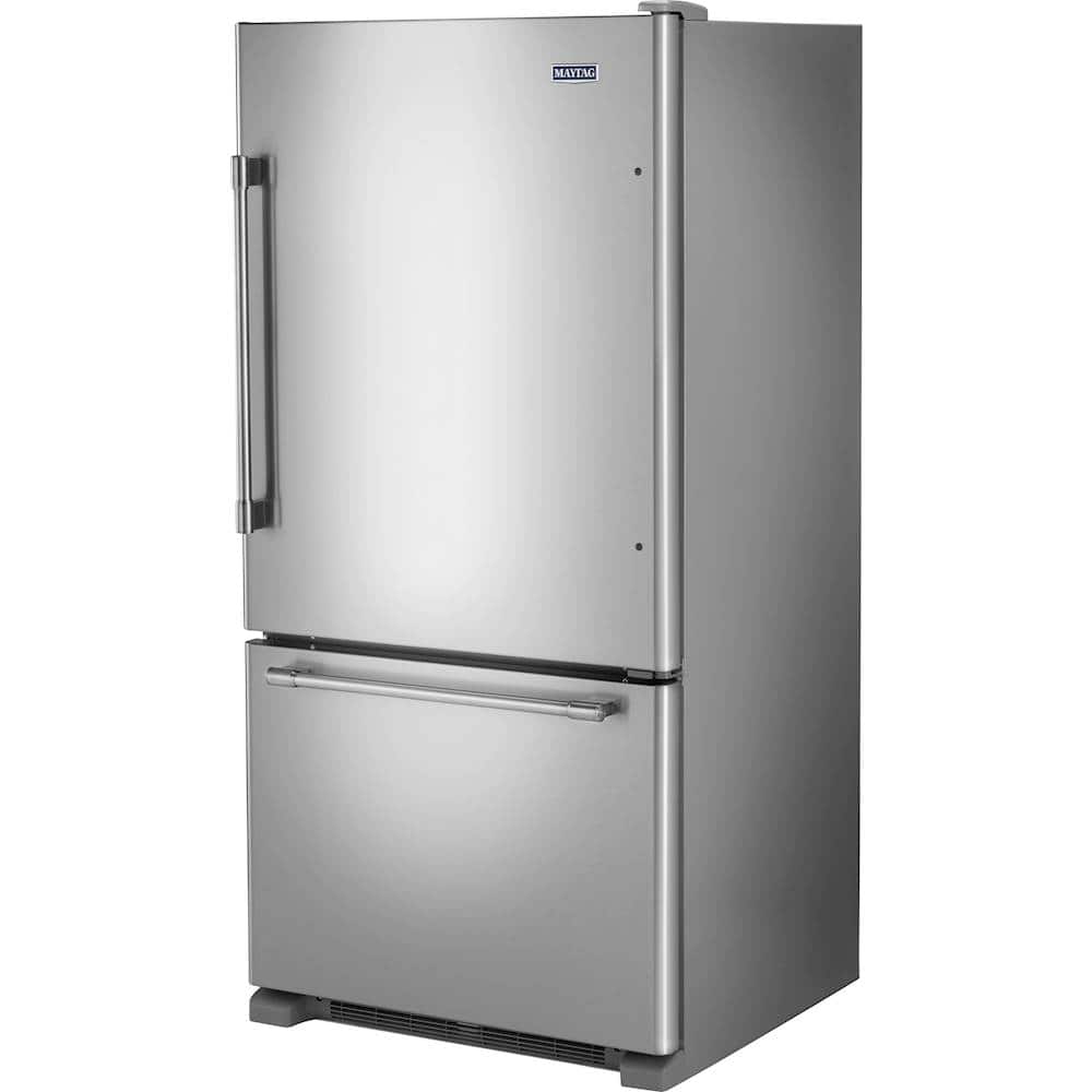 Left. Maytag - 22 Cu. Ft. Bottom-Freezer Refrigerator with Humidity-Controlled FreshLock Crispers - Stainless Steel.