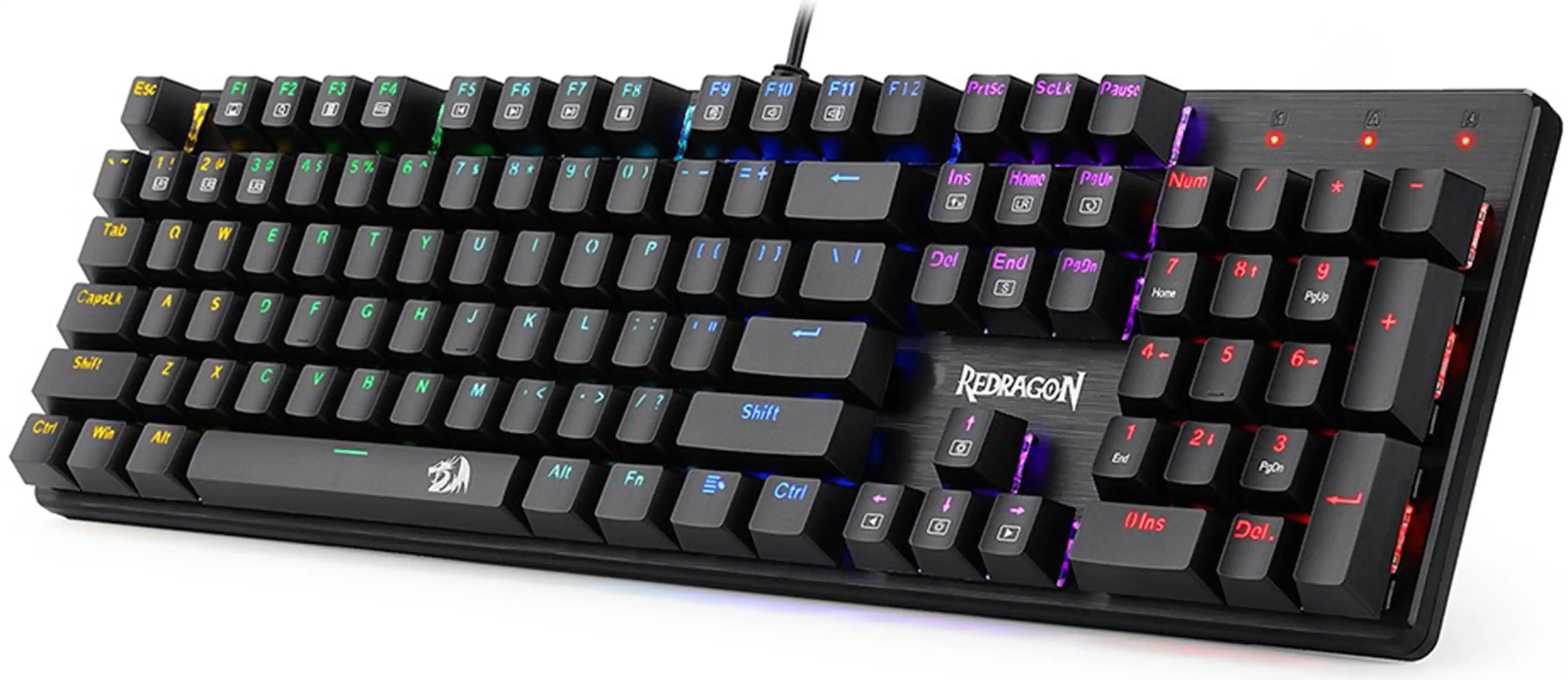 The image shows a black keyboard with a purple and blue lighting effect. The keyboard has a total of 110 keys, including a numeric keypad. The keys are arranged in a standard layout, with the letters A to Z on the top row, and the numbers 1 to 9 on the bottom row. The keyboard also features a number of function keys, including F1 to F12, and various other keys such as Shift, Ctrl, and Alt. The keyboard is manufactured by Redragon, and it is designed to provide a comfortable and efficient typing experience.