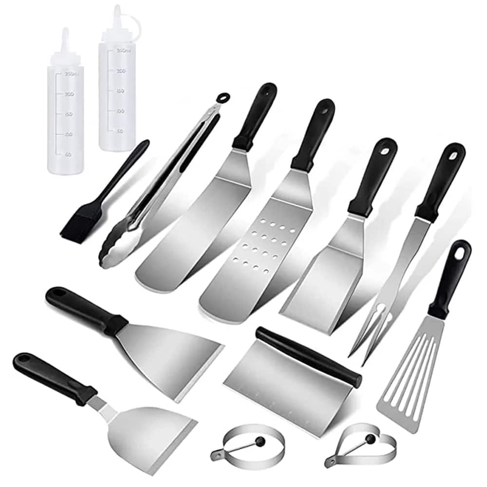 MOVSSOU - BBQ Grill Spatula Set 14Pcs Stainless Steel Grill Scraper Tools BBQ Griddle Set - Silver