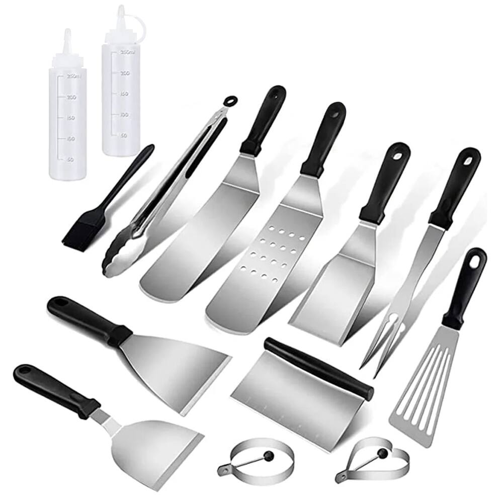 MOVSSOU - BBQ Grill Spatula Set 14Pcs Stainless Steel Grill Scraper Tools BBQ Griddle Set - Silver