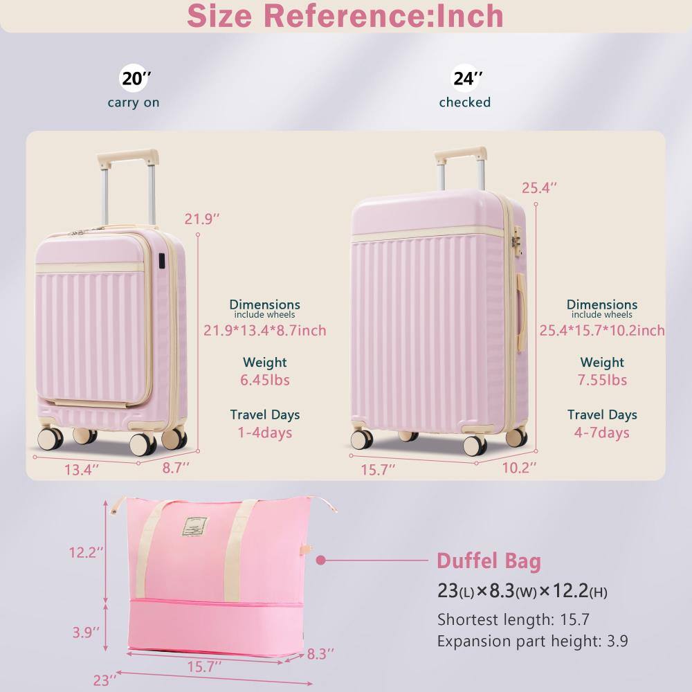 **Size Reference: Inch**

**20" carry on**
- Dimensions (include wheels): 21.9" x 13.4" x 8.7"
- Weight: 6.45 lbs
- Travel Days: 1-4 days

**24" checked**
- Dimensions (include wheels): 25.4" x 15.7" x 10.2"
- Weight: 7.55 lbs
- Travel Days: 4-7 days

**Duffel Bag**
- Dimensions: 23" (L) x 8.3" (W) x 12.2" (H)
- Shortest length: 15.7"
- Expansion part height: 3.9"