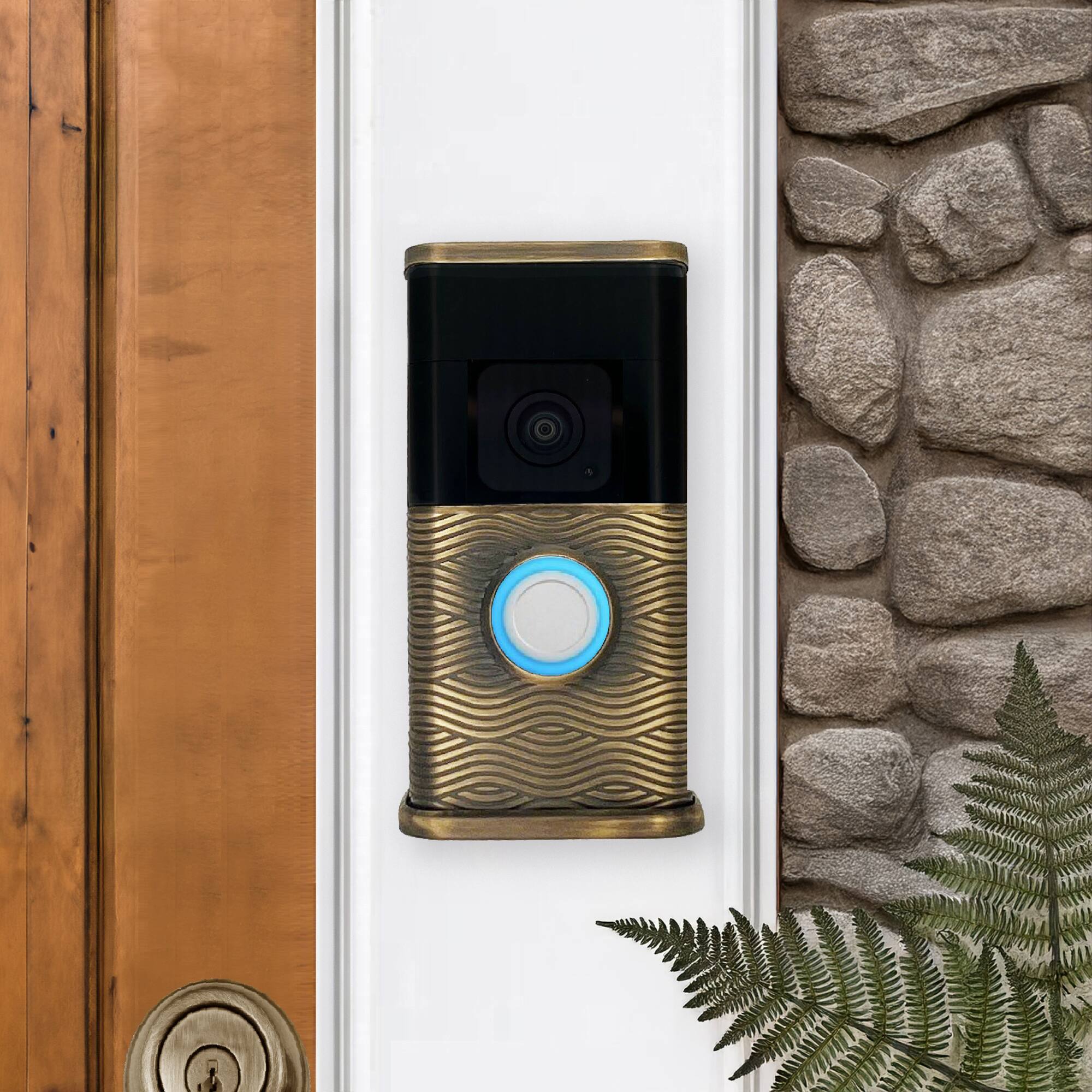 Alt View 3. Michael Healy - Waves Video Doorbell Cover (Ring 3, 3 Plus, 4, Battery Plus and Battery Pro) - Antique Brass.