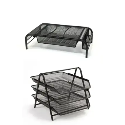 Mind Reader - Mesh Monitor Stand and 3 Tier Paper Organizer - Black