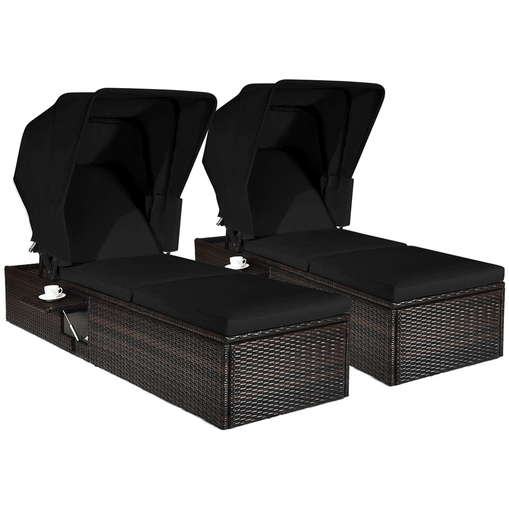 Alt View 1. Gymax - Gymax Set of 2 Rattan Patio Chaise Lounge Chair W/ Adjustable Canopy Black Cushion - Black.