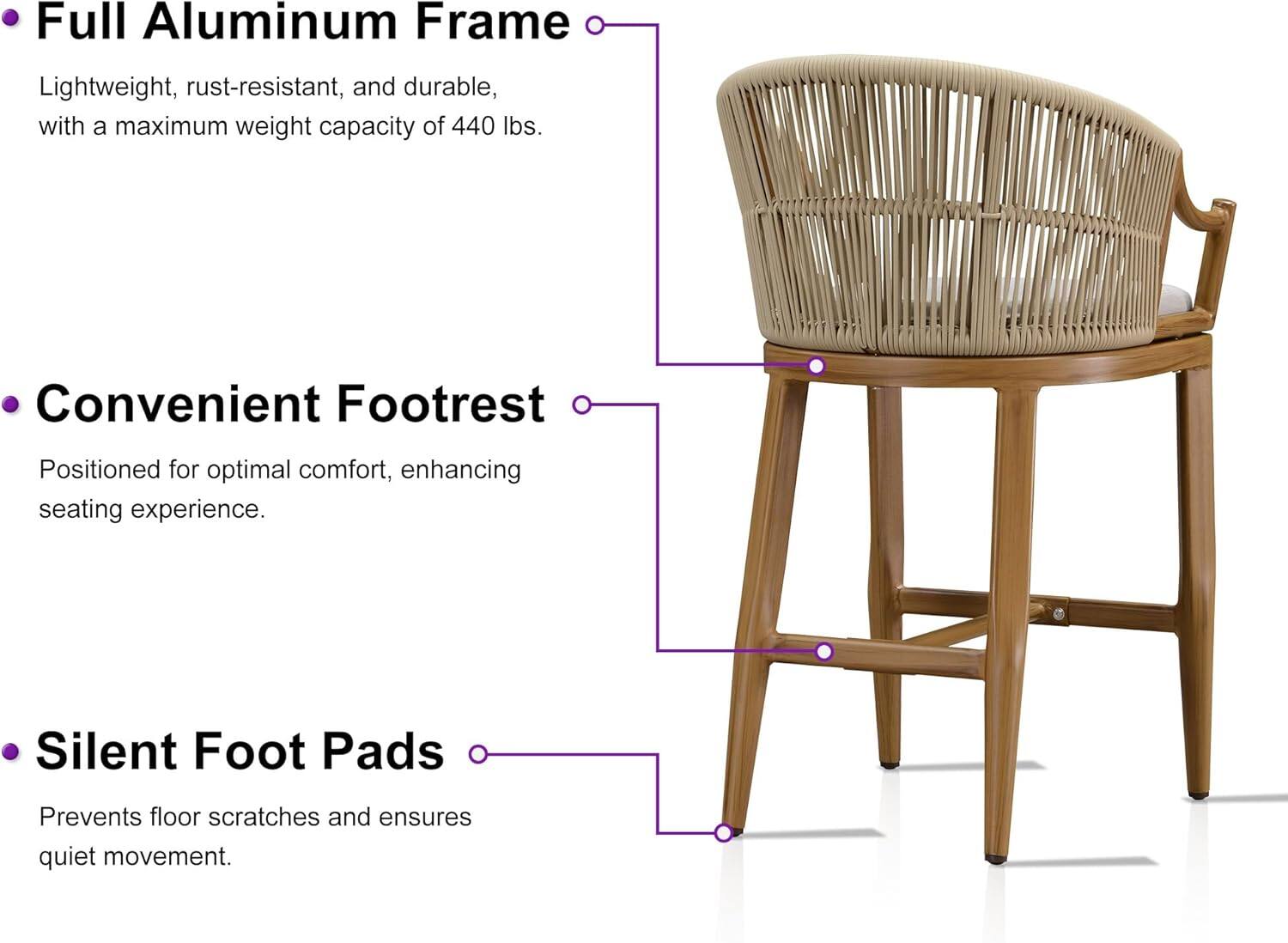 - **Full Aluminum Frame**
  - Lightweight, rust-resistant, and durable, with a maximum weight capacity of 440 lbs.

- **Convenient Footrest**
  - Positioned for optimal comfort, enhancing seating experience.

- **Silent Foot Pads**
  - Prevents floor scratches and ensures quiet movement.