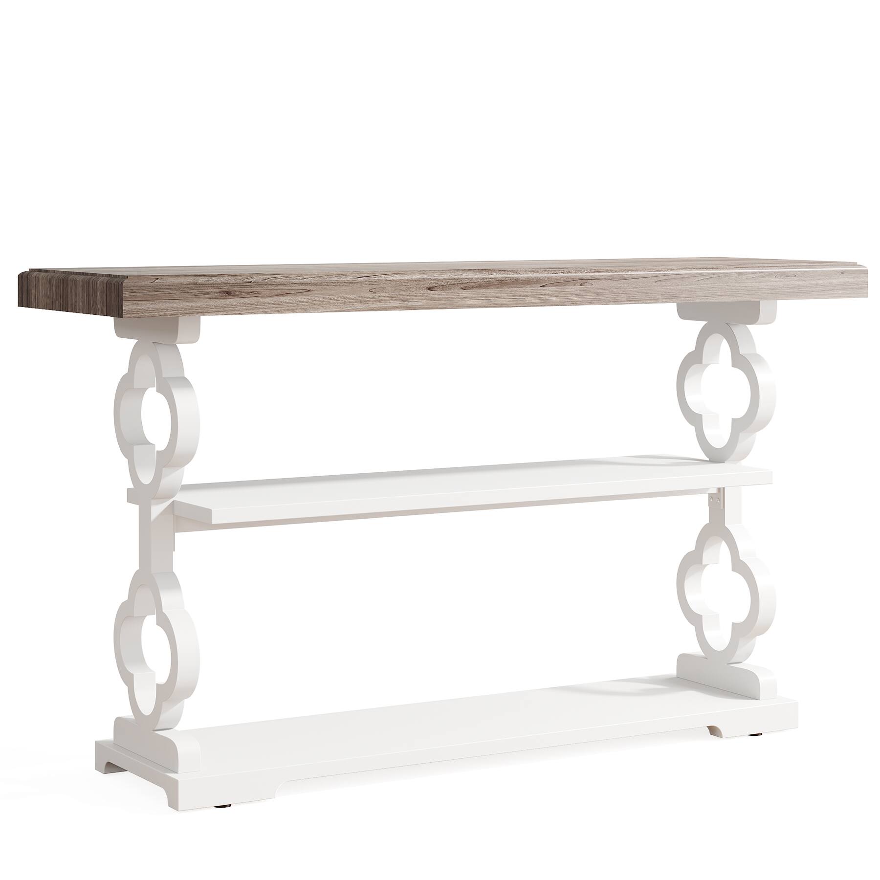 Left. TinyHomie - 55in French Country Console Table - Farmhouse Sofa Table with 3 Storage Shelves Grey and White Entryway Table - Grey and White.
