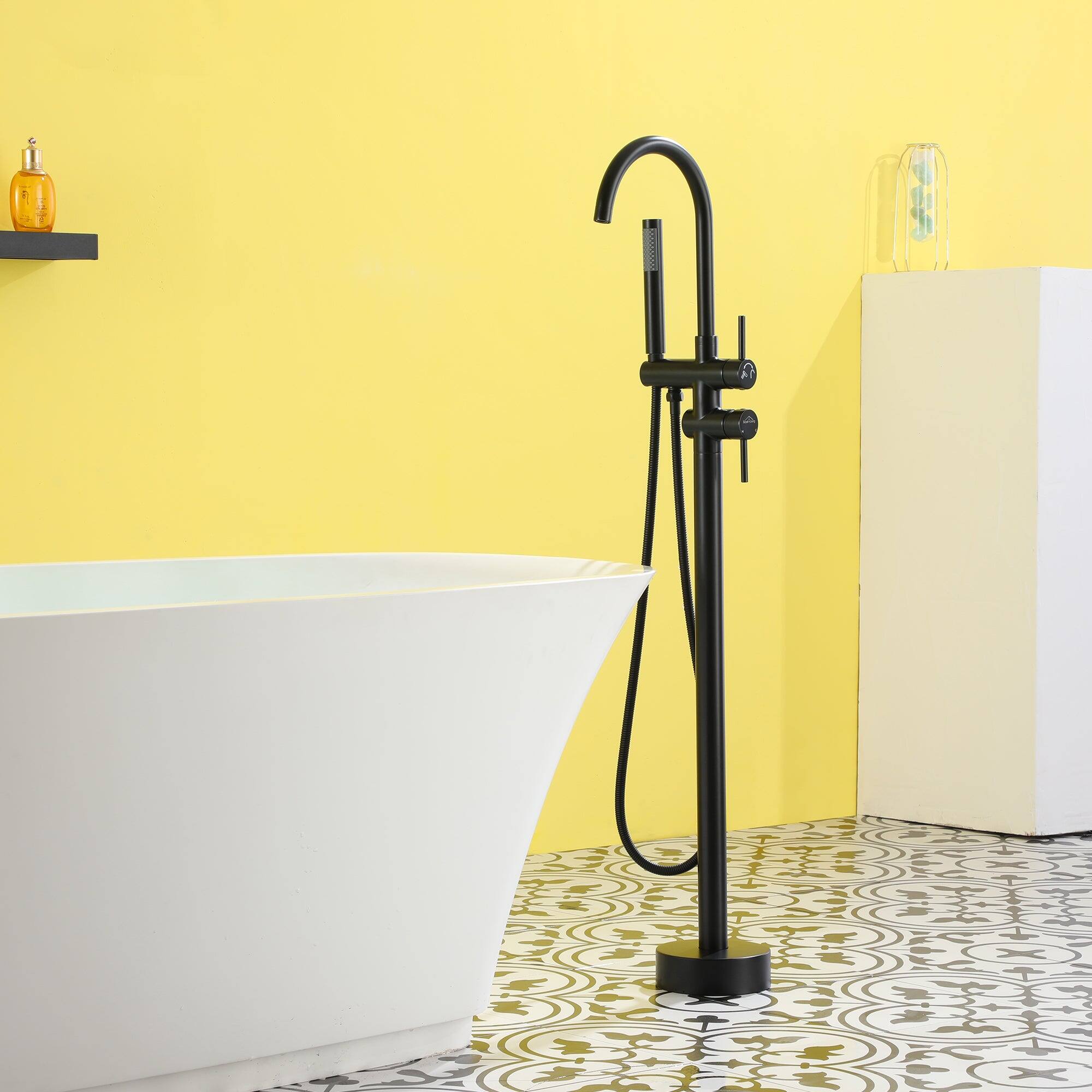 Alt View 3. Boyel Living - Freestanding Floor Mount 2-Handle Bath Tub Filler Faucet with Handheld Shower in Matte Black - Matte Black.