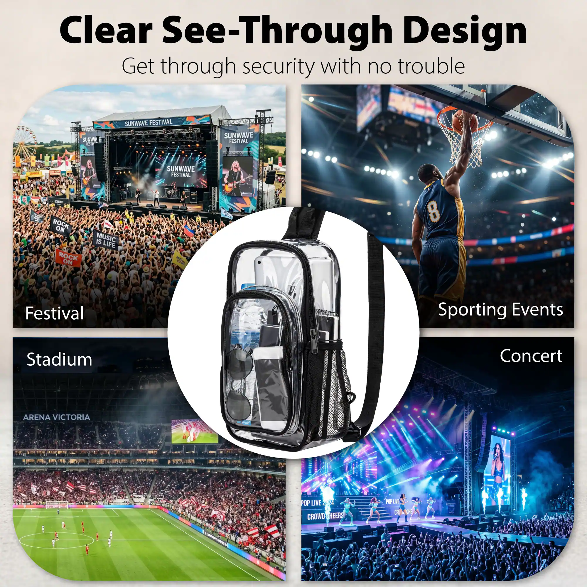 Clear See-Through Design  
Get through security with no trouble  

M SUNWAVE FESTIVAL  
FAPE SUNINS L  
ITATaN DA SUNWAVE FESTIVAL  
SUNWAVE FESINAL  
ROCK ON ROCK OR i MUSIC LIFE 8  
Festival  
Stadium  
Sporting Events  
Concert  
ARENA VICTORIA  
POP LIVE 214  
CROWD CHEERS