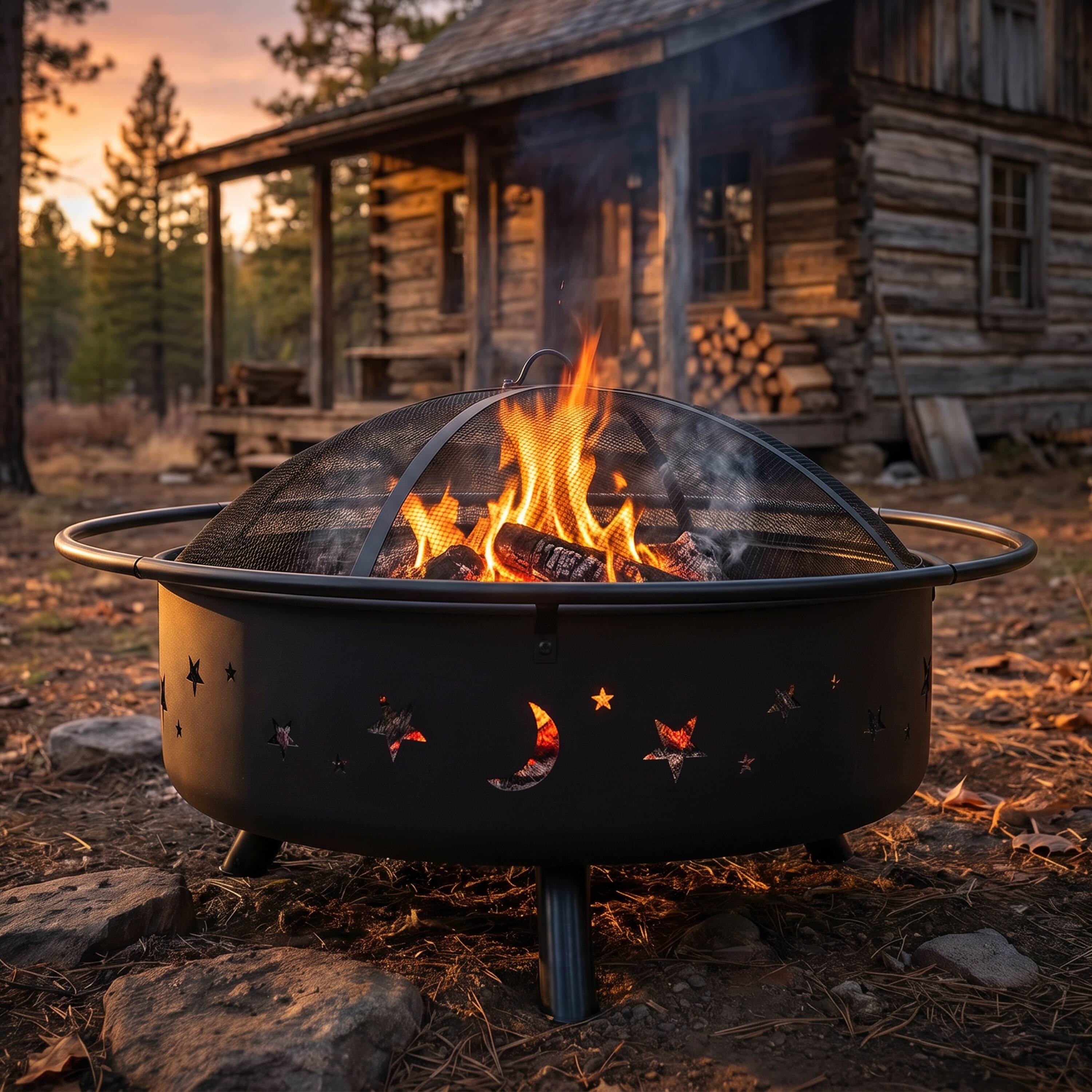 Alt View 2. Sunnydaze - 42 in Cosmic Steel Fire Pit w/Spark Screen/Poker - Black.