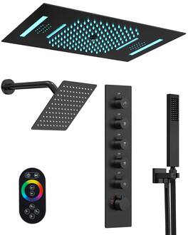 GRANDJOY - Luxury LED Music Smart Shower System with Thermostatic Control and 5-Function Rainfall Waterfall Mist - Matte Black