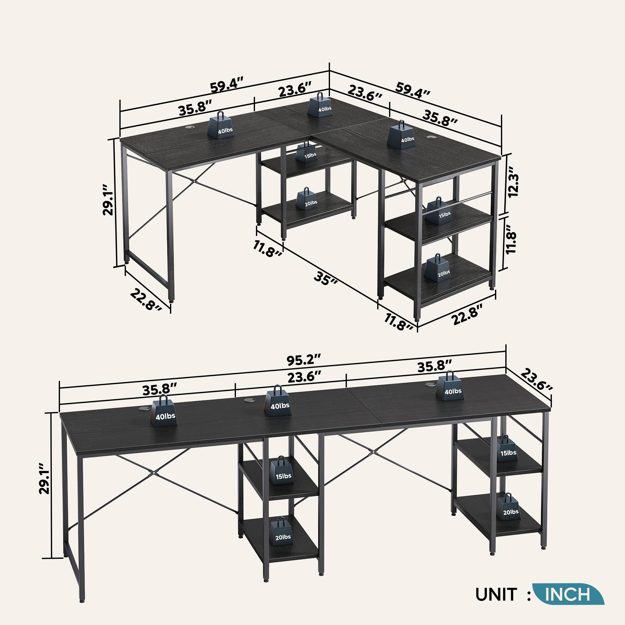 The text on the image is grouped and corrected as follows:

* 29.1" 59.4" 23.6" 23.6" 59.4" 35.8" 40tH 35.8" 40lm 40m 18 2be 1 11.8" 200 35" 22.8" 22.8" 11.8" 95.2" 35.8" 23.6" 35.8" 40lbs 40lbs 40lbs 12.3" 11.8" 23.6" 29.1" 15lbs 15ibs 20b 201bs

UNIT: INCH