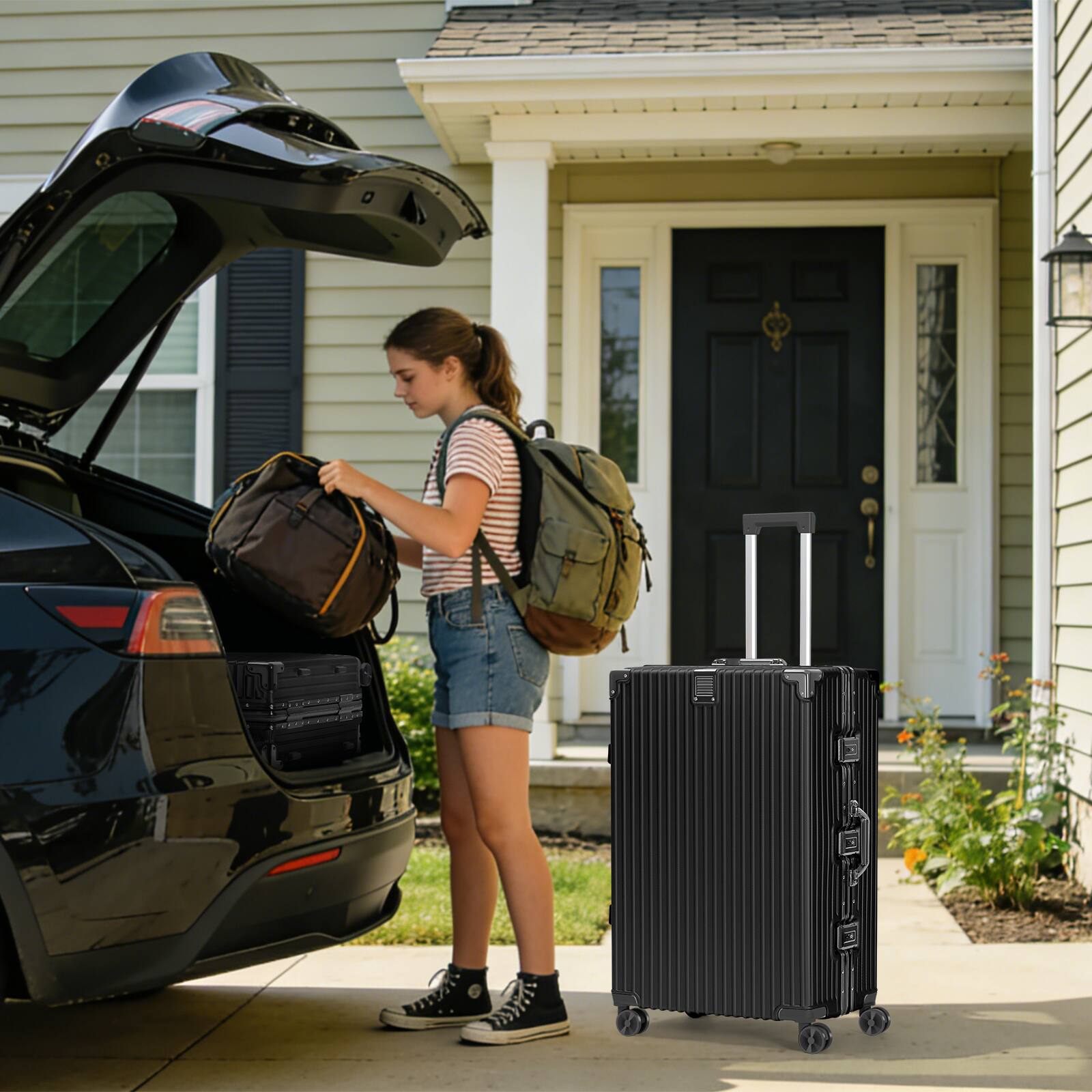 Alt View 3. Oumilen - 2 Piece Black Aluminum Frame Luggage Set – 20" Carry On + 28" Checked, Spinner Wheels with TSA Lock - Black.