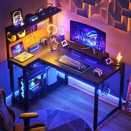 Aheaplus - 43 Inch Small L-Shaped Gaming Desk with Power Outlets and RGB LED Lights - Black