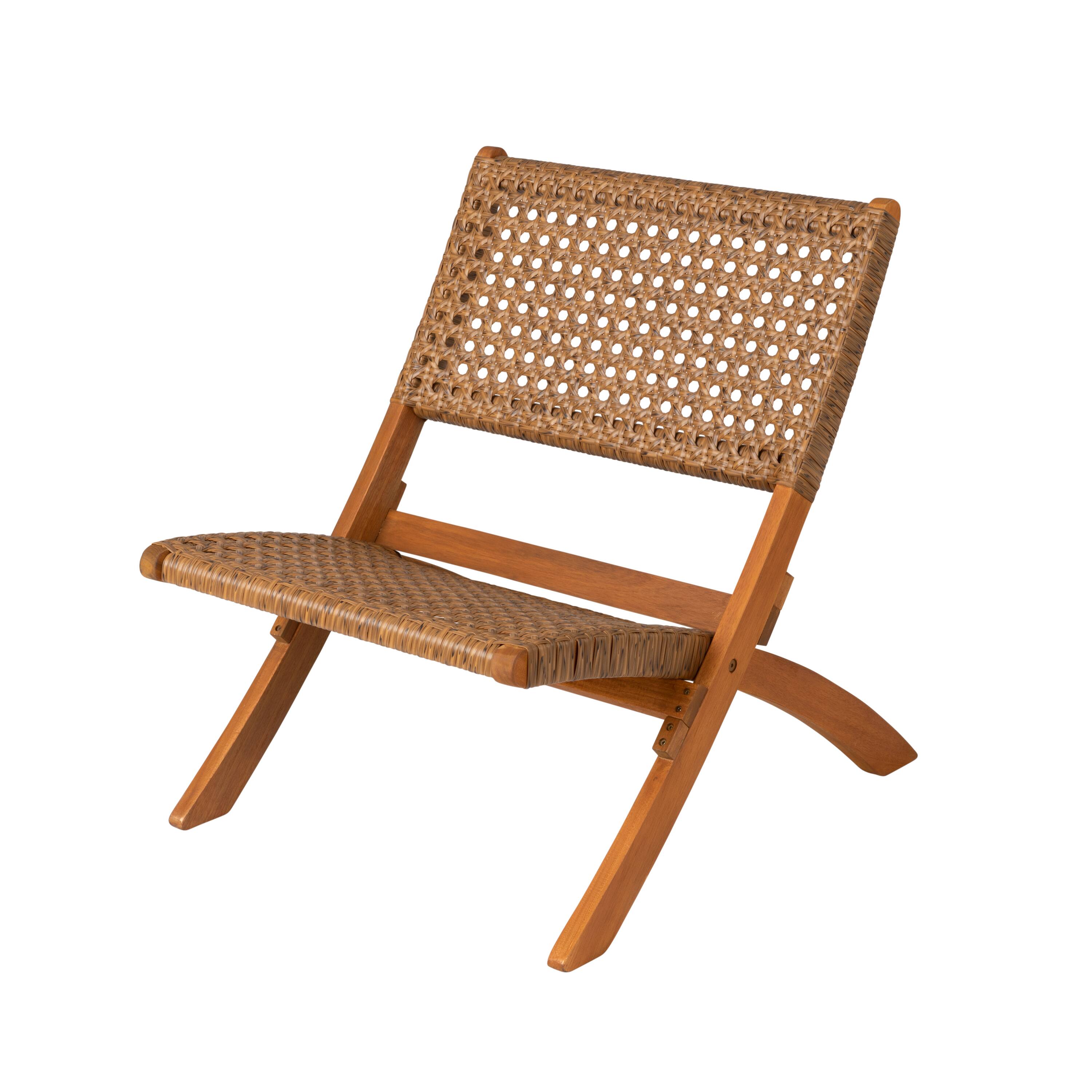 Angle. Balkene Home - Sava Indoor Outdoor Folding Chair All Weather Wicker Low Slung Portable Seating Solid Acacia Wood Woven Seat, Back - Brown.