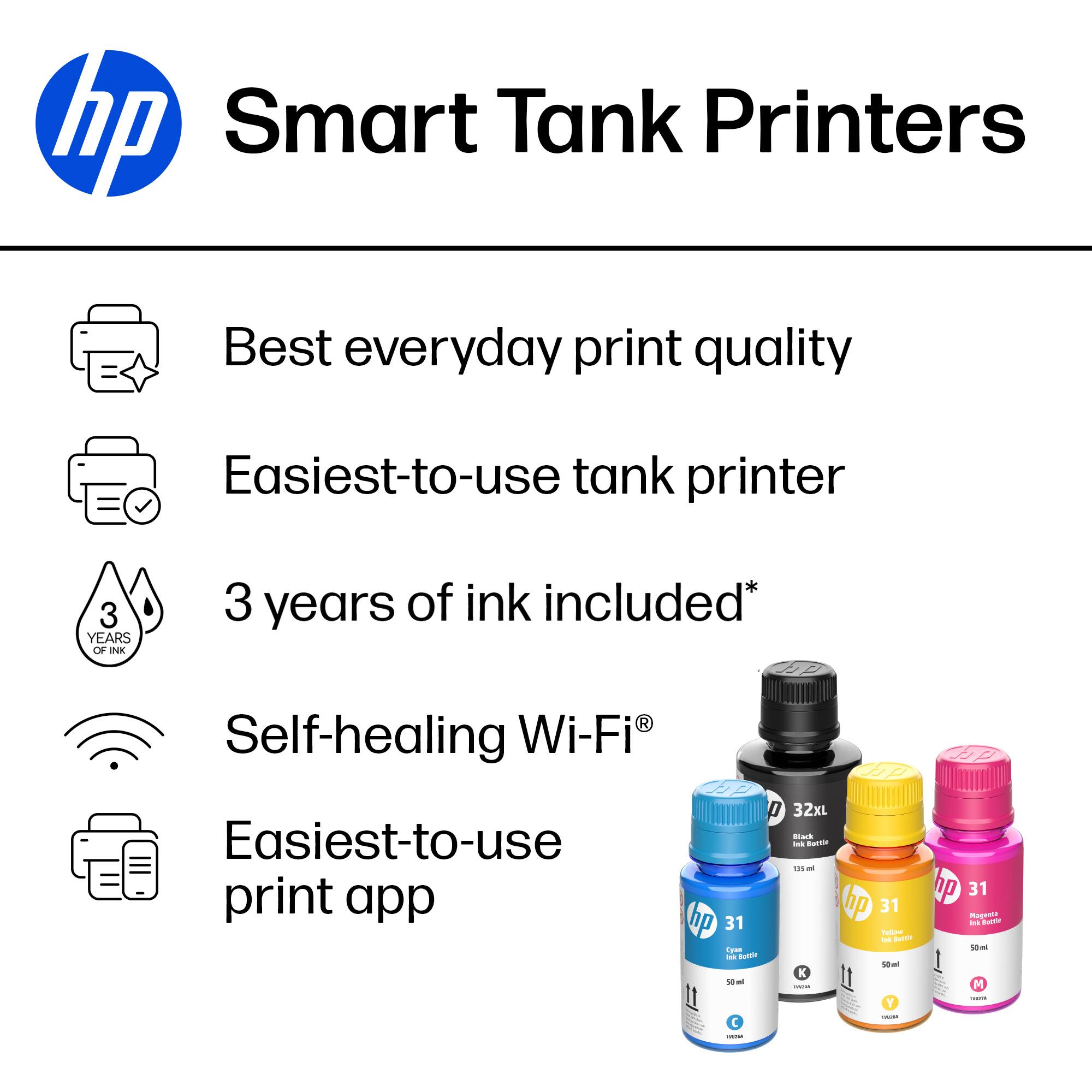 hp Smart Tank Printers

- Best everyday print quality
- Easiest-to-use tank printer
- 3 years of ink included*
- Self-healing Wi-Fi®
- Easiest-to-use print app

hp 31 - Cyan Ink Bottle 50 ml
hp 31 - Magenta Ink Bottle 50 ml
hp 31 - Yellow Ink Bottle 50 ml
hp 31 - Black Ink Bottle 32XL 135 ml