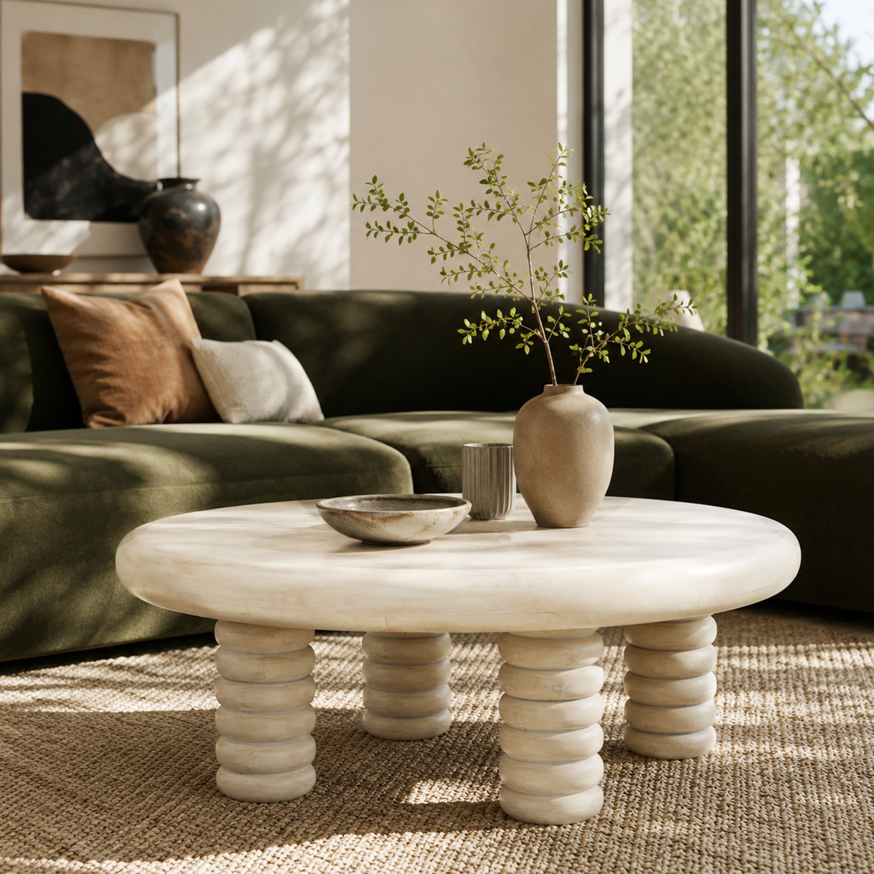 Alt View 6. Manhattan Lane - 44 Inch Round Coffee Table, Stacked Beaded Legs - Antique White.