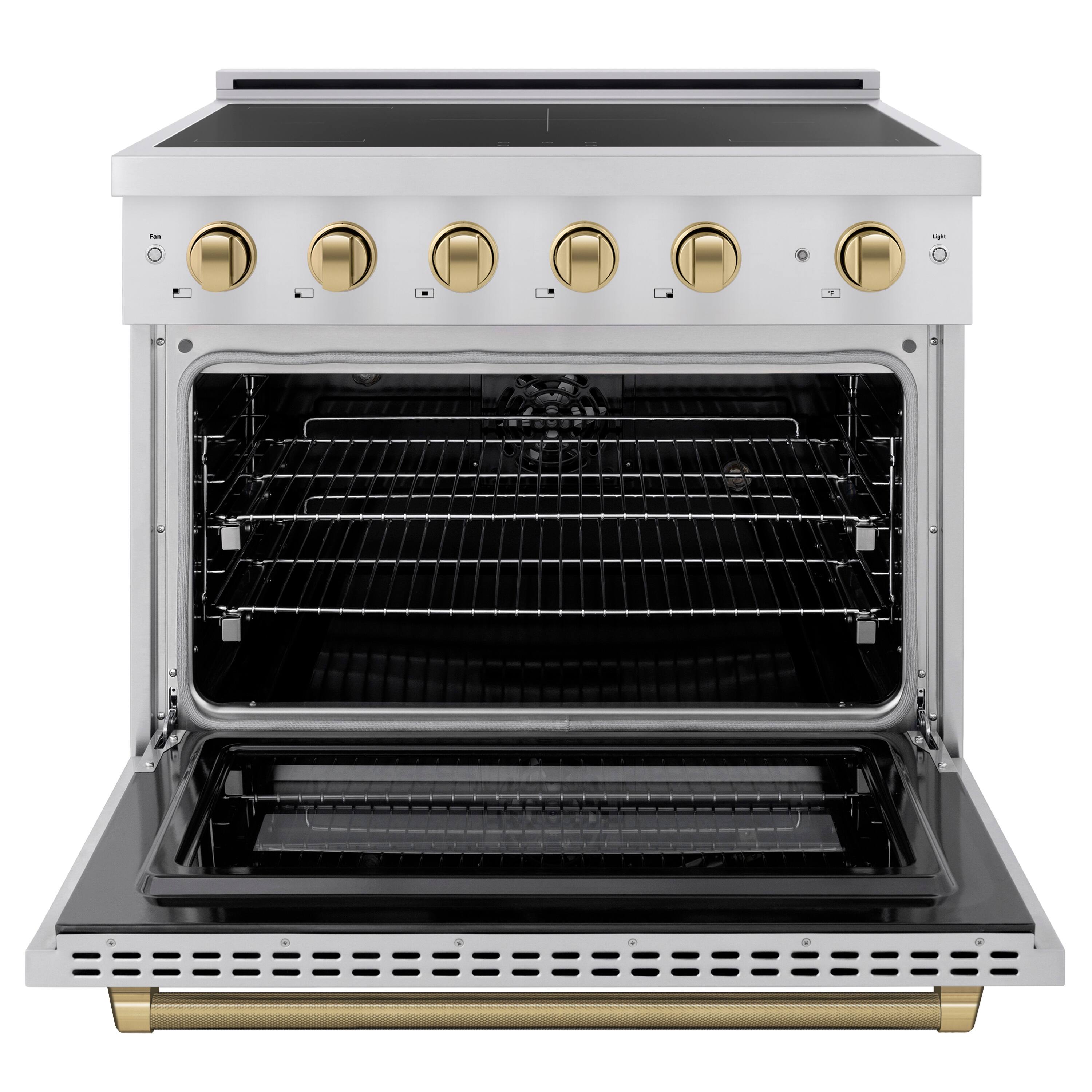 Angle. ZLINE - Autograph 36 in. 5.2 cu. ft. Paramount Freestanding Induction Range with 5 Burners and Champagne Bronze Helix Handle - Stainless Steel.
