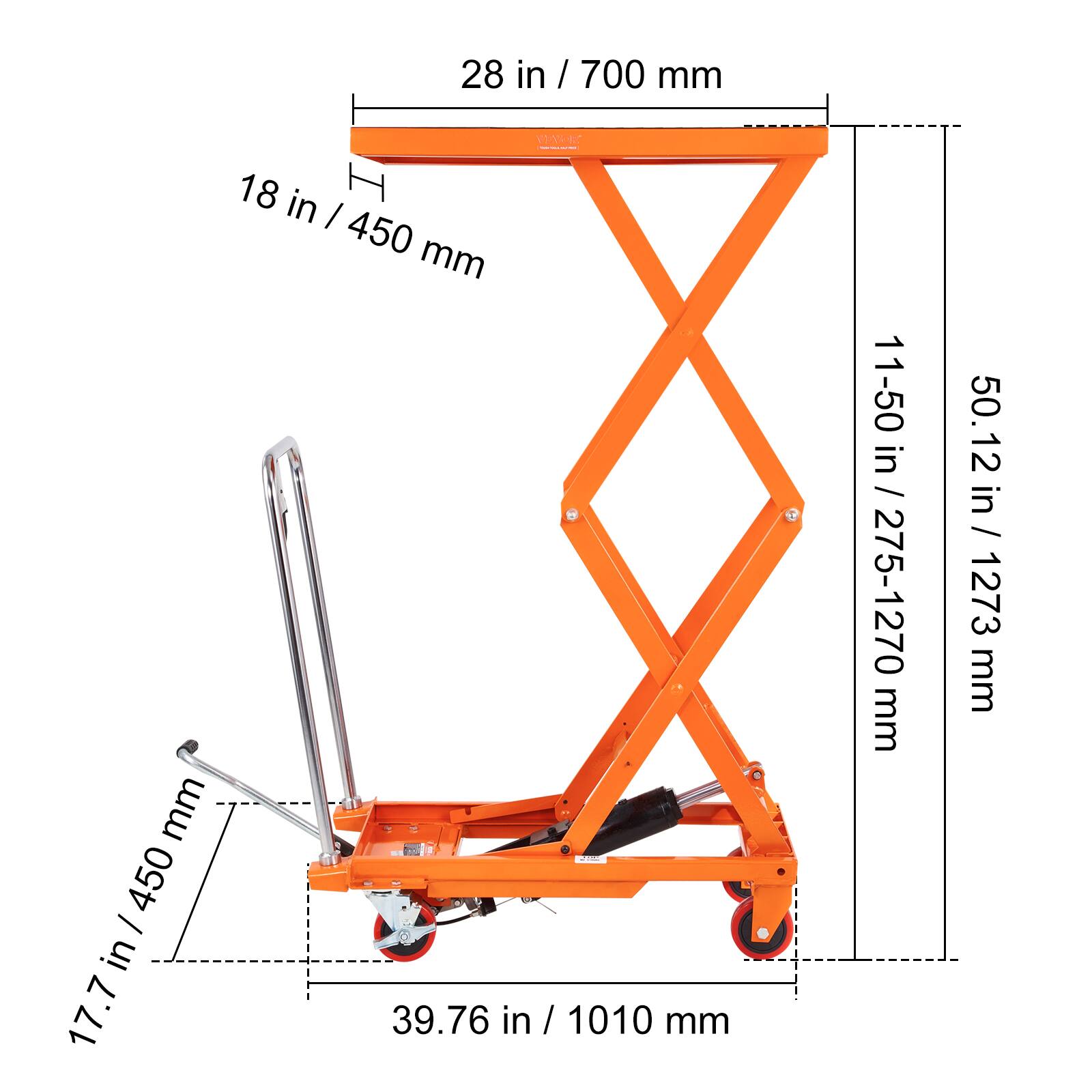 28 in / 700 mm  
18 in / 450 mm  
17.7 in / 450 mm  
39.76 in / 1010 mm  
11-50 in / 275-1270 mm  
50.12 in / 1273 mm