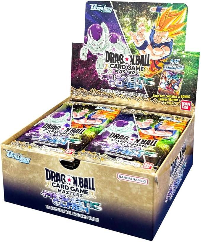 Ultra-About Super Dragon Ball Card Game Masters Prismatic Clash Box Promotion  
12 Cards Per Pack / 24 Packs Per Box  
Each box contains a Bonus Energy Marker (10 types)  
BANDAI  
2920032AA  
English ver.  
BANDAI NAMCO