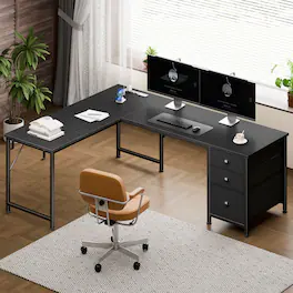Furnulem - 63 In Gaming Desk with LED Lights Power Outlets Computer Desk with Drawers Printer Stand - Black