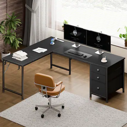 Front. Furnulem - 63 In Gaming Desk with LED Lights Power Outlets Computer Desk with Drawers Printer Stand - Black.