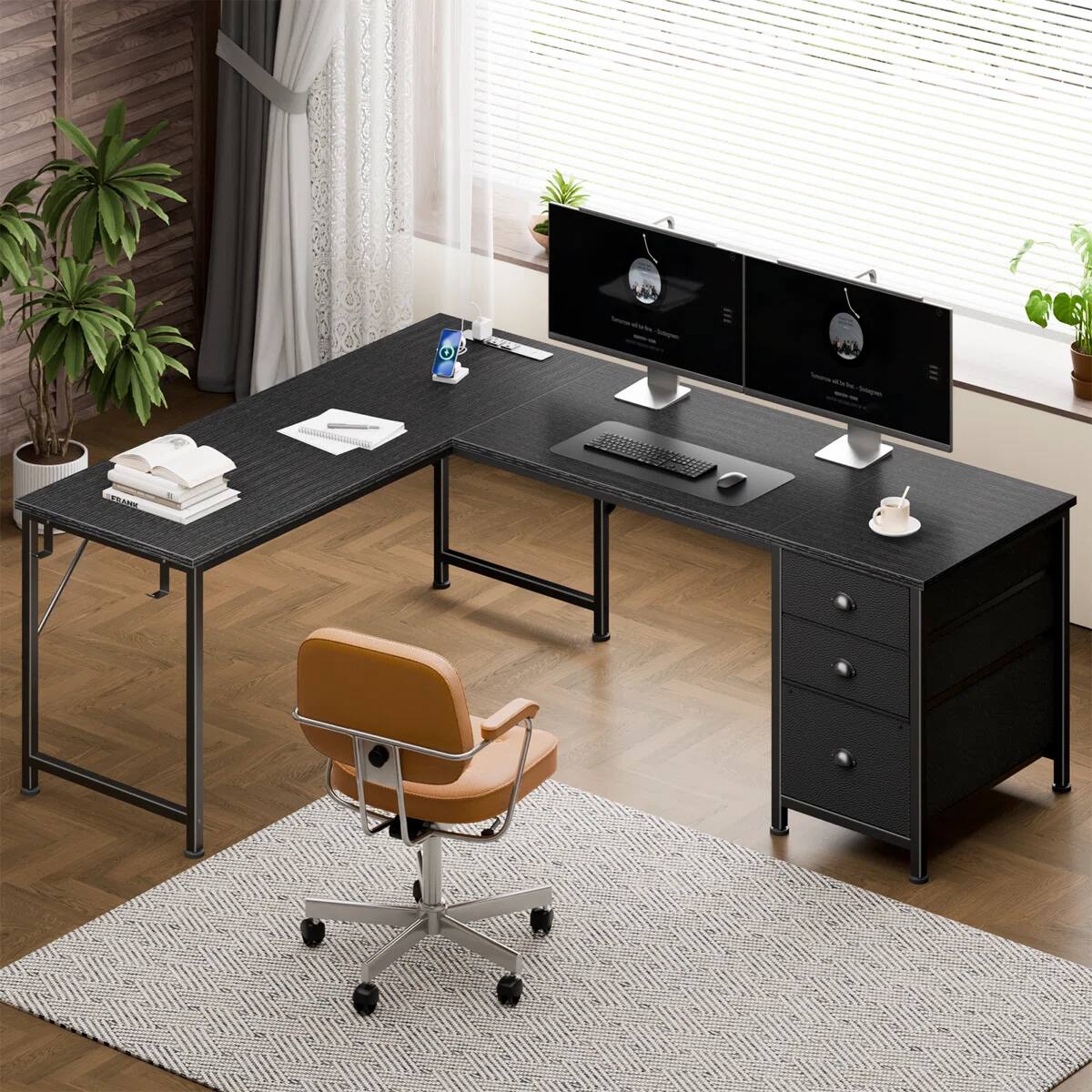 Front. Furnulem - 63 In Gaming Desk with LED Lights  Power Outlets Computer Desk with Drawers  Printer Stand - Black.