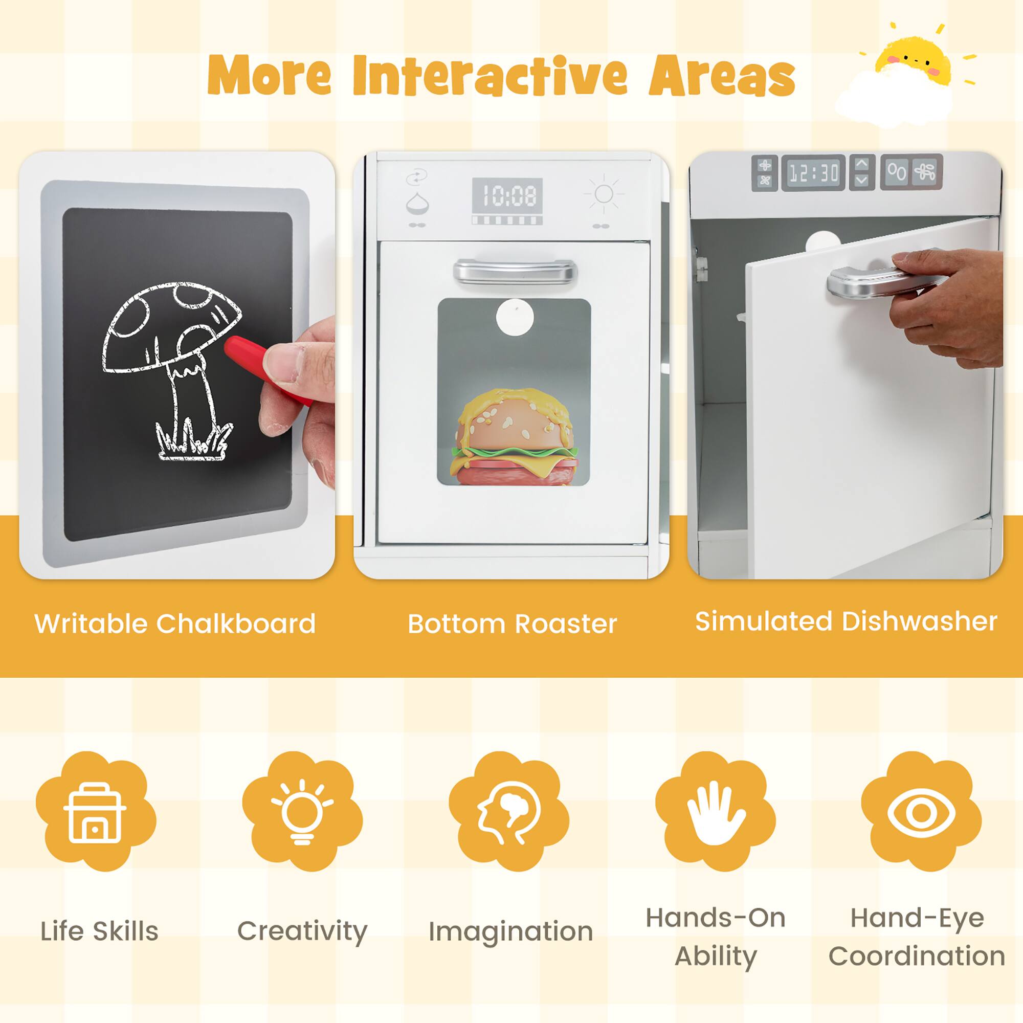 More Interactive Areas

10:08

12:30

Writable Chalkboard
Bottom Roaster
Simulated Dishwasher

Life Skills
Creativity
Imagination
Hands-On Ability
Hand-Eye Coordination