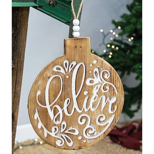 Left. BreeBe - *Believe Engraved Bulb Ornament Sign - Brown.
