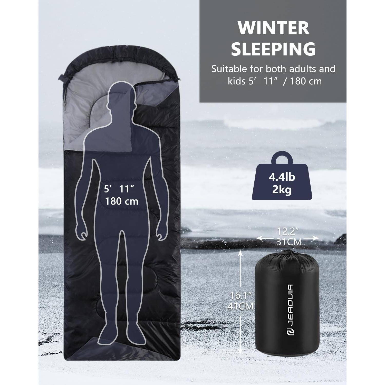 WINTER SLEEPING  
Suitable for both adults and kids 5' 11" / 180 cm  

5' 11"  
180 cm  

4.4lb  
2kg  

12.2"  
31CM  

16.1"  
41CM  

JEAOUIA