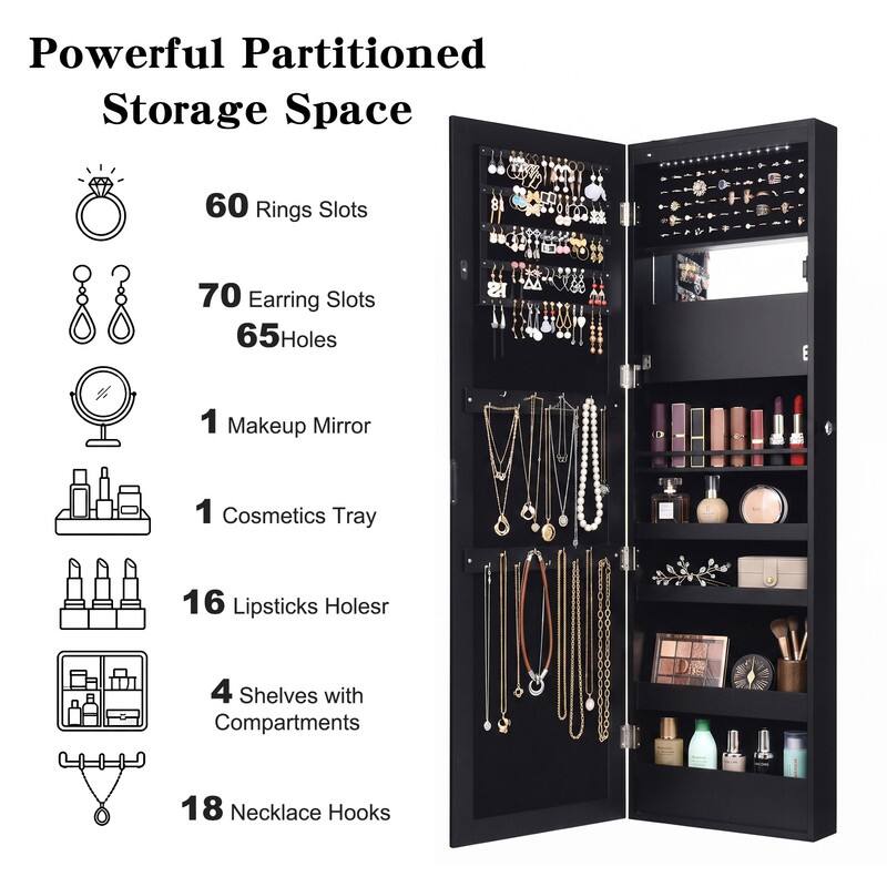 Powerful Partitioned Storage Space

- 60 Rings Slots
- 70 Earring Slots
- 65 Holes
- 1 Makeup Mirror
- 1 Cosmetics Tray
- 16 Lipsticks Holes
- 4 Shelves with Compartments
- 18 Necklace Hooks