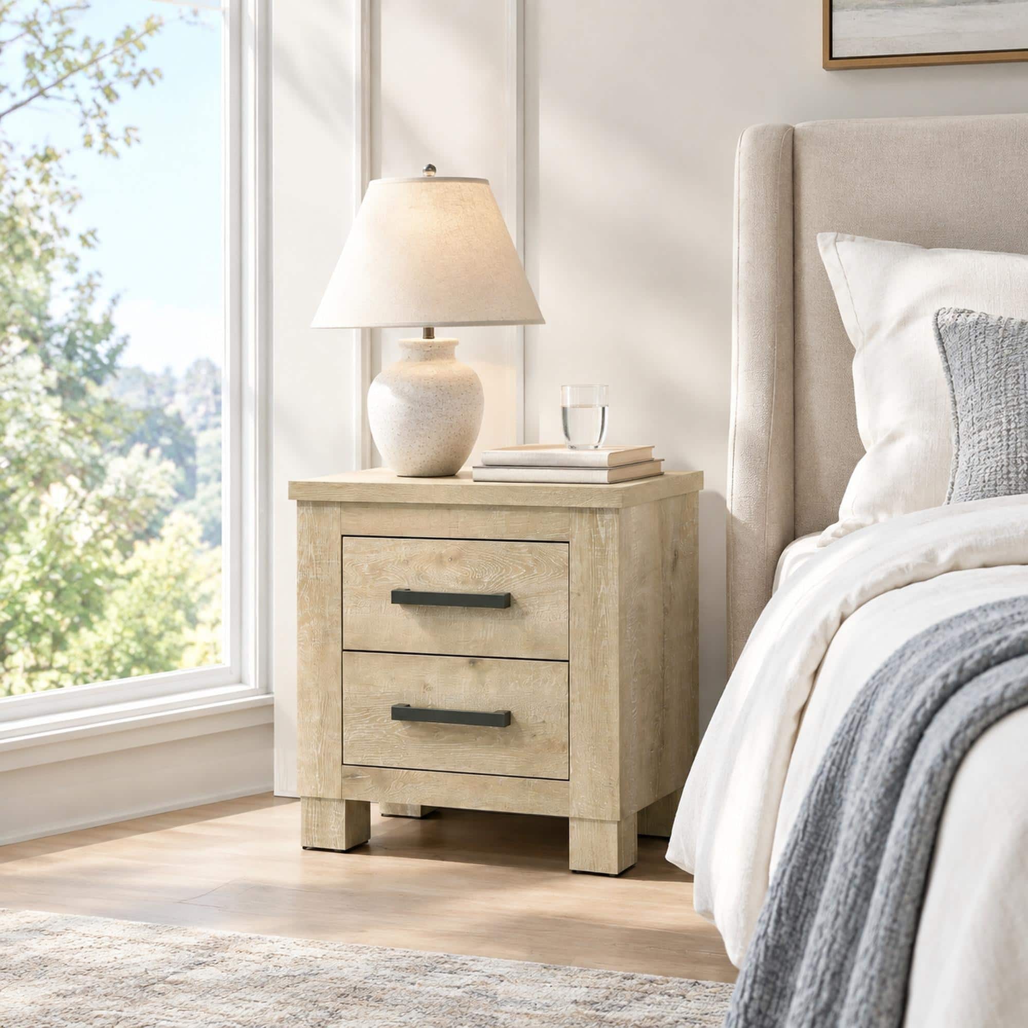 RYHNUYNE - Weathered 2-Drawer Nightstand, Bedside Table, Compact Storage for Bedroom - Oak