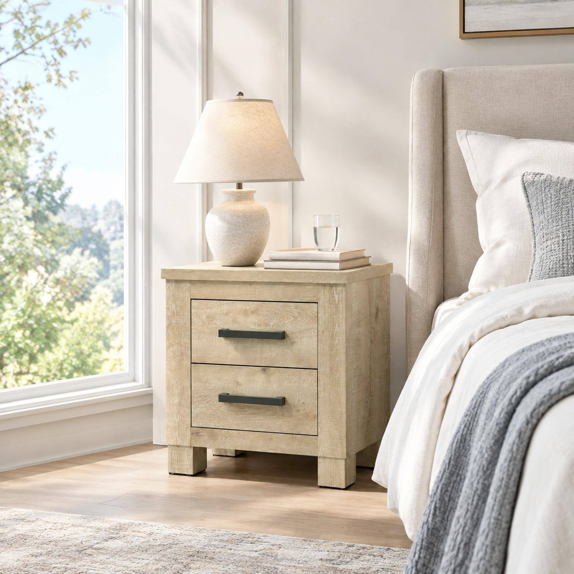 Front. RYHNUYNE - Weathered Oak 2-Drawer Nightstand, Bedside Table, Compact Storage for Bedroom - Oak.