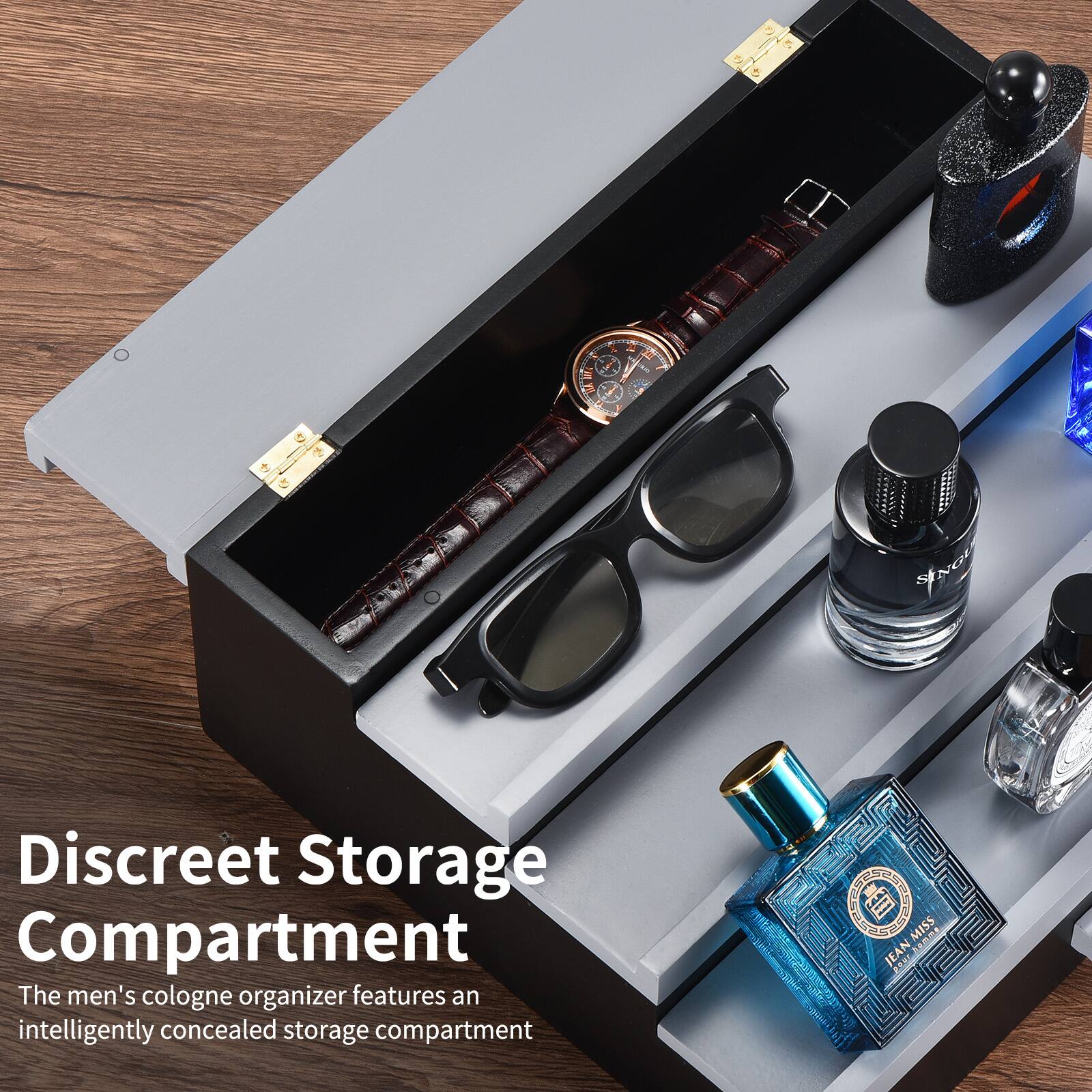 Discreet Storage Compartment

The men's cologne organizer features an intelligently concealed storage compartment.