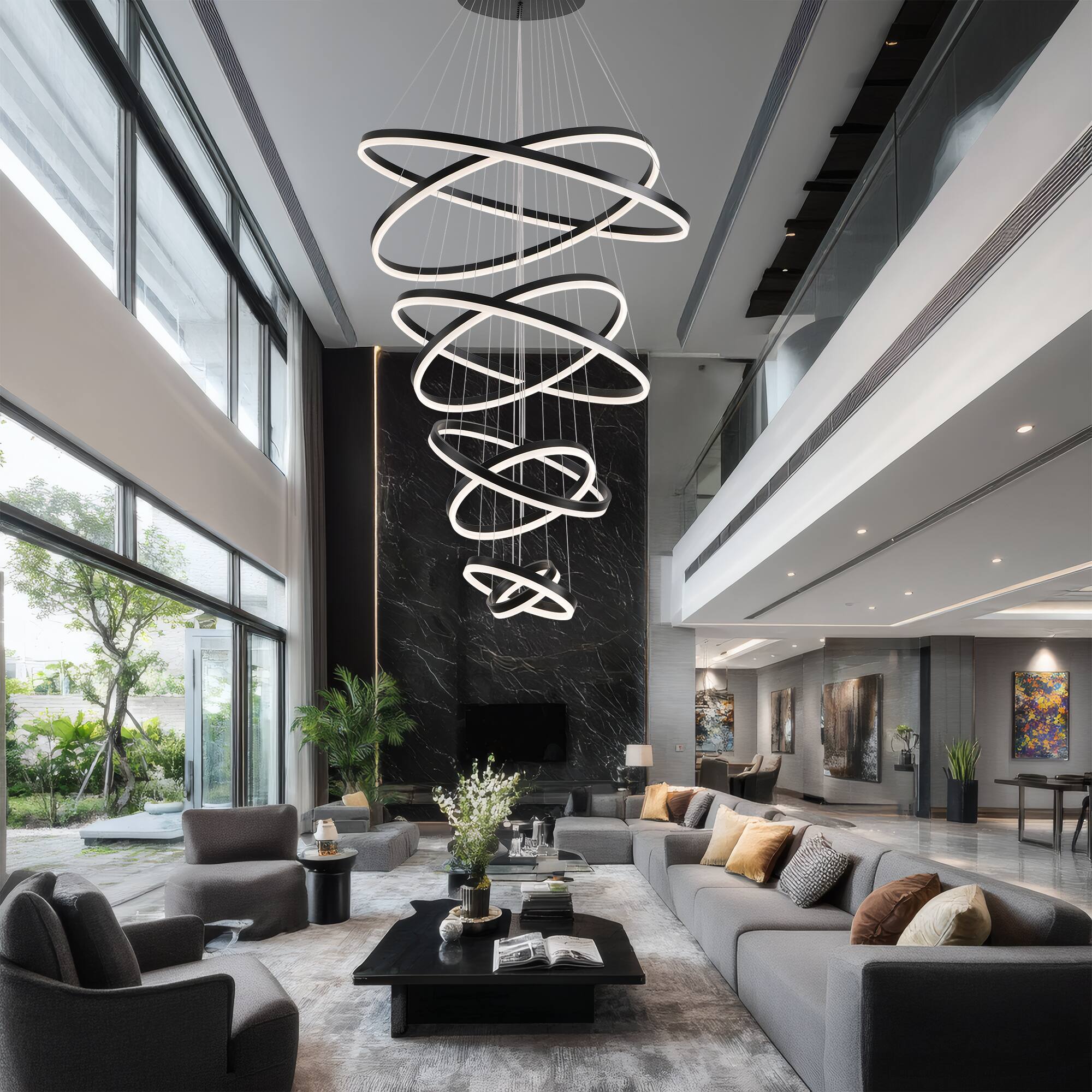 Alt View 1. RYHNUYNE - Modern 8-Ring LED Chandelier with Remote Adjustable Height Dimmable Ceiling Light for High Ceilings Living Room Foyer.