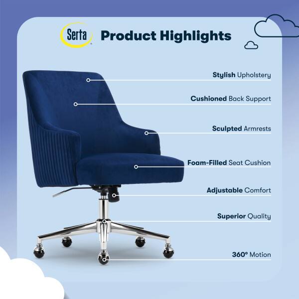 Serta Product Highlights: Stylish Upholstery, Cushioned Back Support, Sculpted Armrests, Foam-Filled Seat Cushion, Adjustable Comfort, Superior Quality, 360° Motion