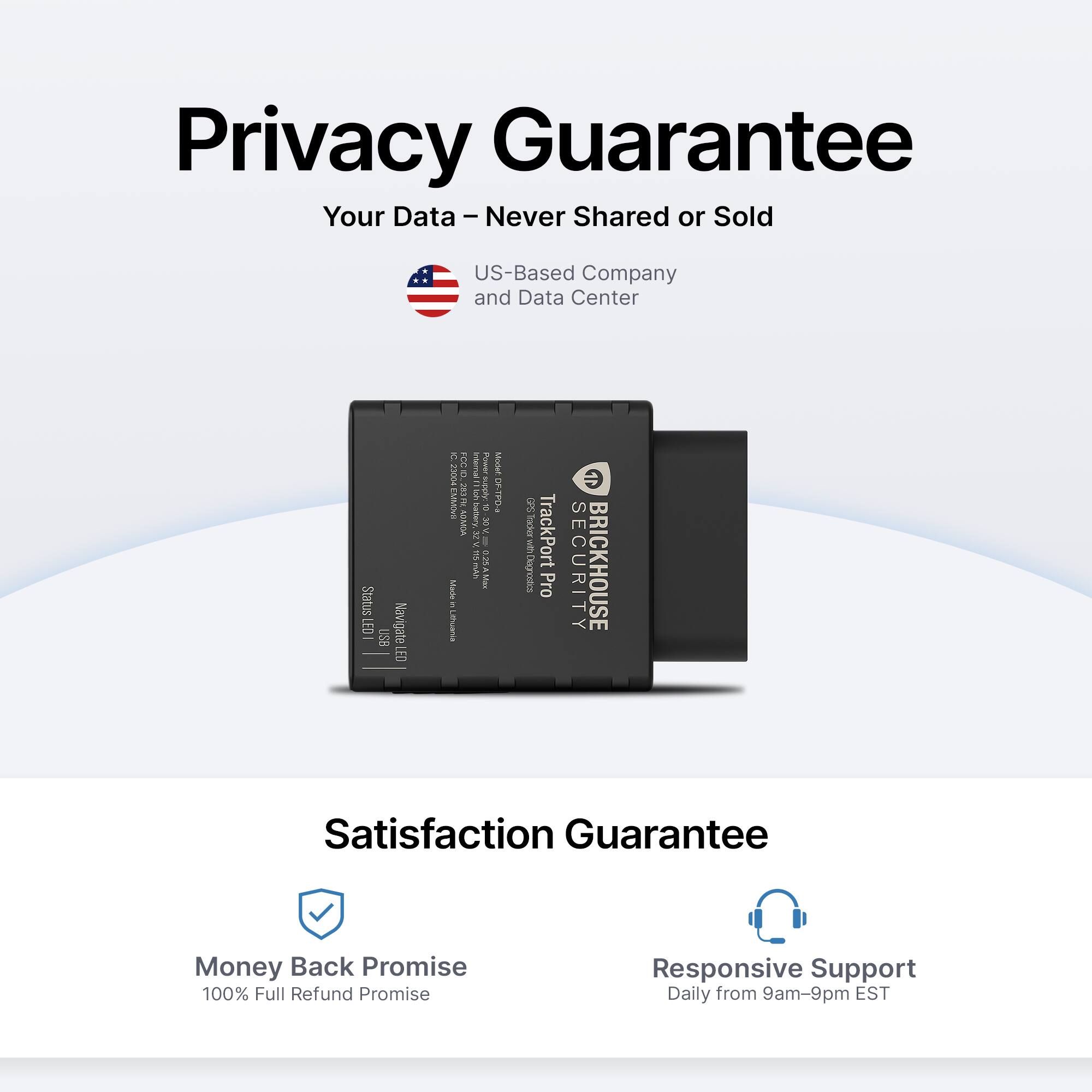 Privacy Guarantee  
Your Data – Never Shared or Sold  

US-Based Company and Data Center  

Satisfaction Guarantee  
Money Back Promise  
100% Full Refund Promise  

Responsive Support  
Daily from 9am-9pm EST