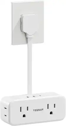 Front. TESSAN - Short Extension Cord TESSAN Surge Protector with 4 AC Outlets 3 USB 1 USB C 3 Sided Wall Plug for Home Office Dorm - white.